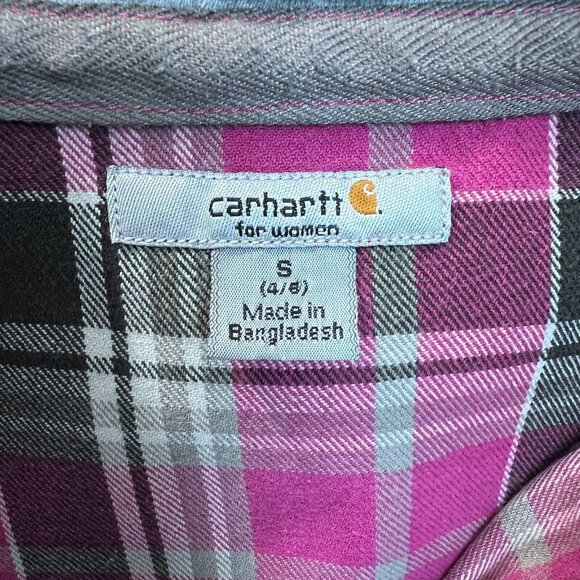 Carhartt Flannel Shirt Womens Small Pink Plaid‎ Hooded Pearl Snap Rugged Shacket - Picture 9 of 9